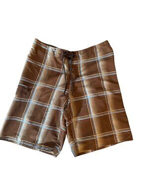 RSSurf Mens Brown Plaid Board Shorts Size 34 With Pocket